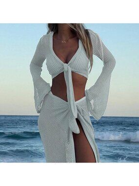 White Women's Vacation Cropped Top And Wrap Skirt Set